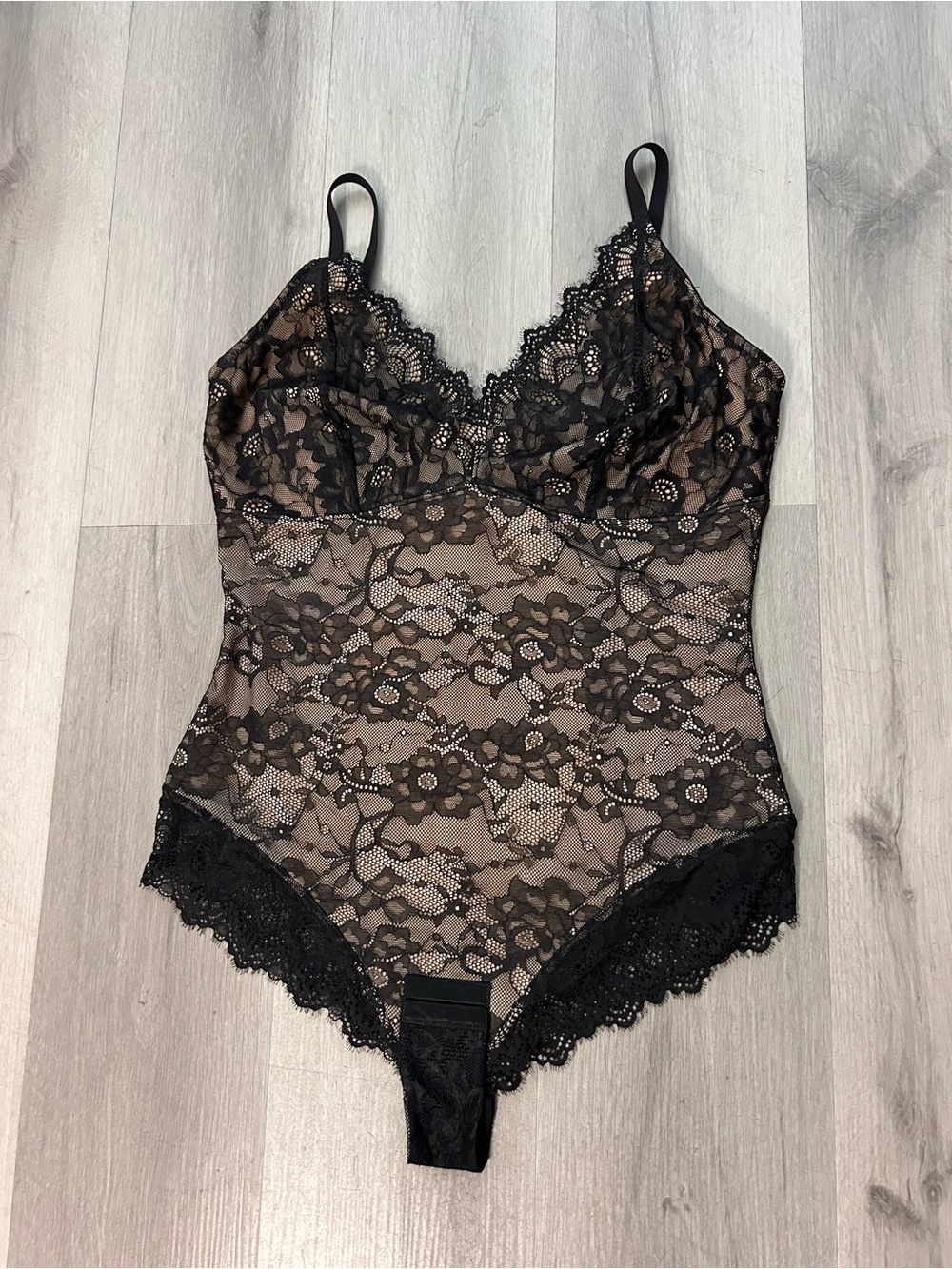 Sheer Black Lace Bodysuit with Contrast Nude Lining - Women's Bodysuit